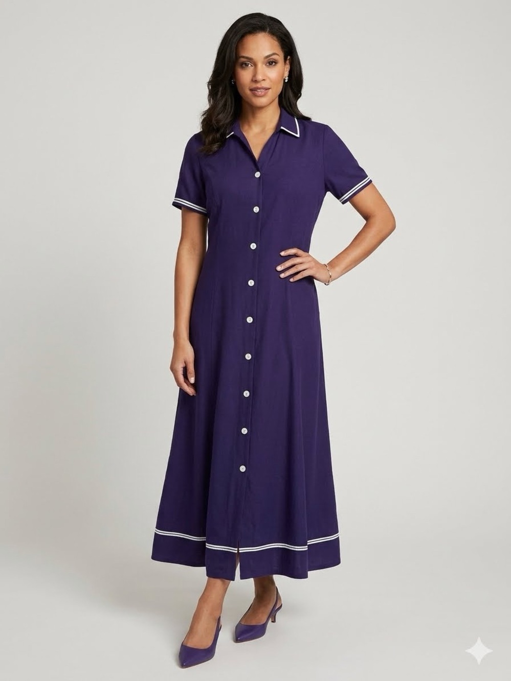 Vintage National Button-Front Purple Maxi Dress with Contrast Trim